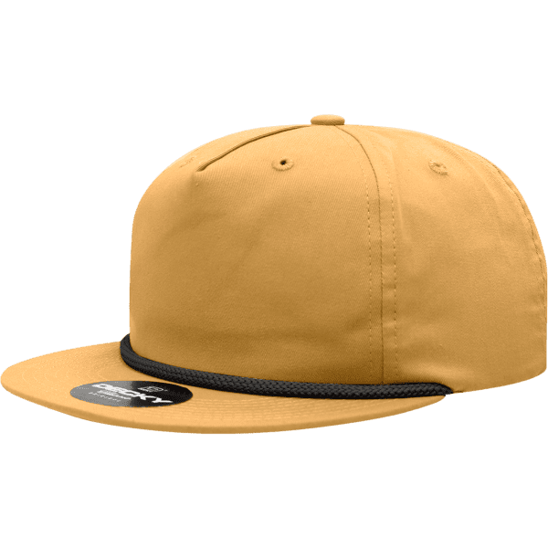A high-profile relaxed rope hat in mustard yellow with a black rope detail and a flat brim. Features a logo.