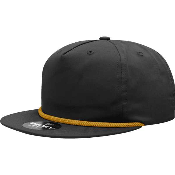 A 5-panel high-profile relaxed rope hat in black with a yellow rope detail, featuring a logo.