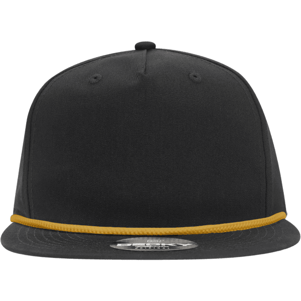 A high-profile black hat with a relaxed fit and a yellow rope accent. It features a logo on the front.