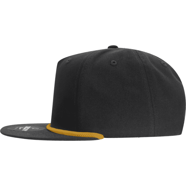 A black 5 panel high profile relaxed rope hat with a yellow rope detail along the brim and a logo.