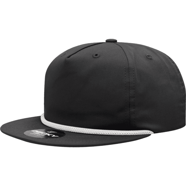 A black 5 Panel High Profile Relaxed Rope Hat featuring a white rope detail and a logo.