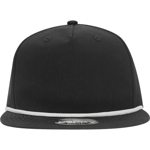 A black 5-panel high-profile relaxed rope hat with a white rope detail and a logo on the front.