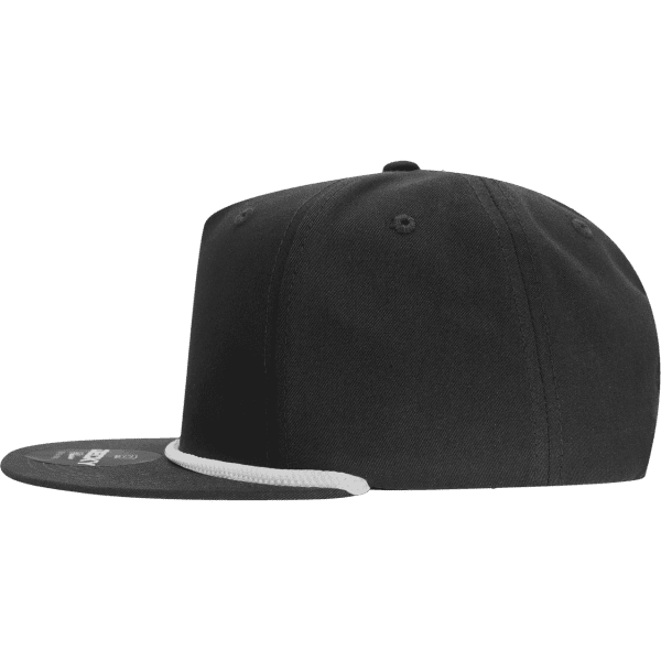 A black 5 Panel High Profile Relaxed Rope Hat featuring a white rope detail and a logo on the side.