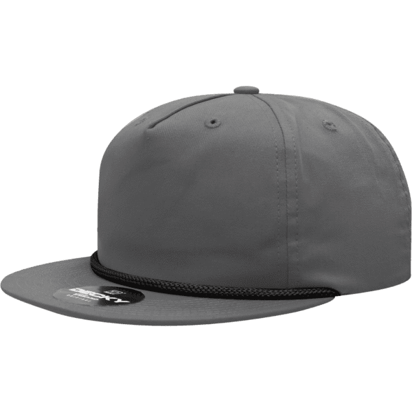 A grey high-profile 5 panel hat with a relaxed fit and a rope detail along the brim. It features a logo.