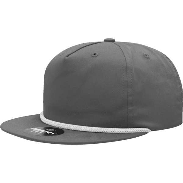 A grey 5 Panel High Profile Relaxed Rope Hat with a white rope detail and a logo on the side.