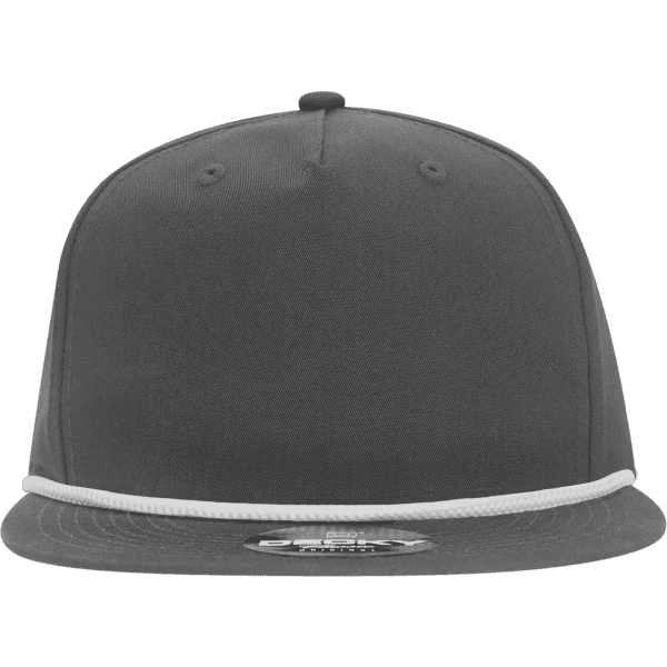 A dark grey high profile 5 panel relaxed rope hat with a white rope detail and a logo on the front.