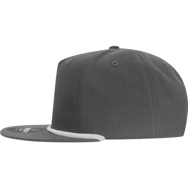 A grey 5 Panel High Profile Relaxed Rope Hat with a white rope detail and a logo on the front.