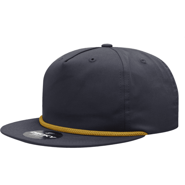 A high-profile relaxed rope hat in dark grey with a yellow rope detailing along the brim. Features a logo.