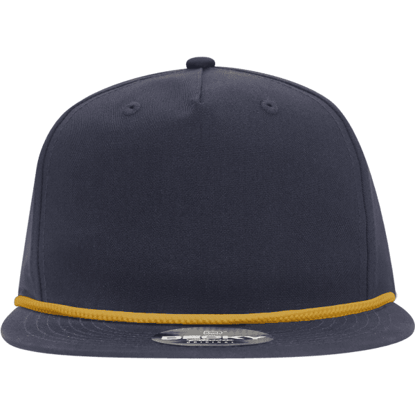 A navy high-profile relaxed rope hat featuring a contrasting yellow rope detail. It has a branded logo.