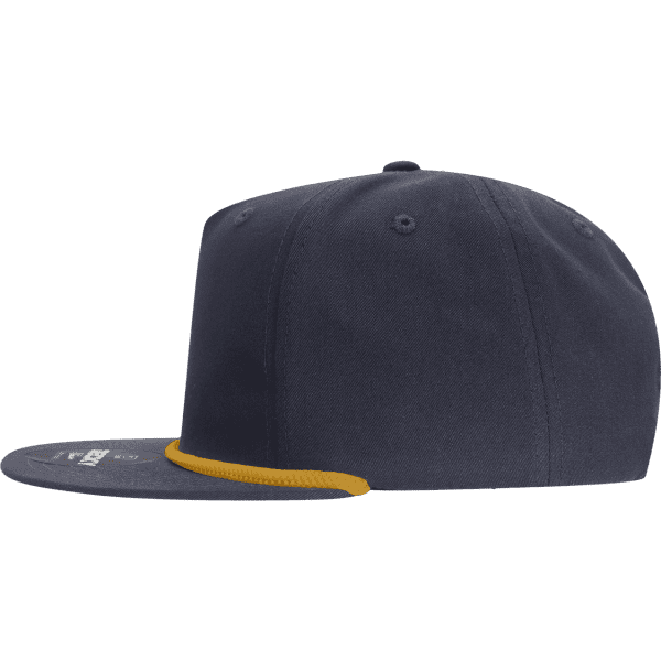 A navy blue 5 Panel High Profile Relaxed Rope Hat featuring a yellow rope detail along the front.