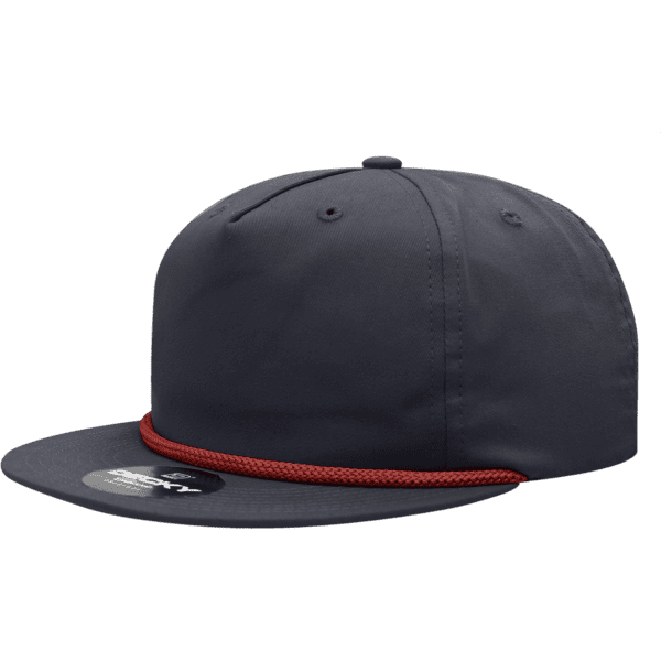 A navy blue high-profile relaxed rope hat with a contrasting red rope accent and a logo on the front.
