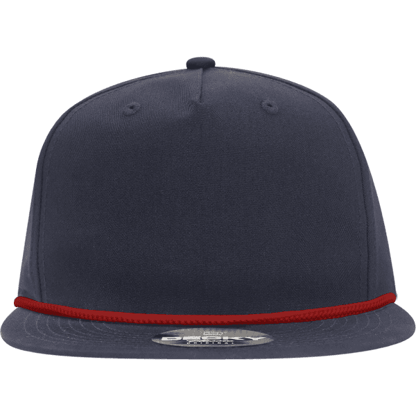 A navy blue high-profile hat with a red rope detail along the brim. It features a branded logo.