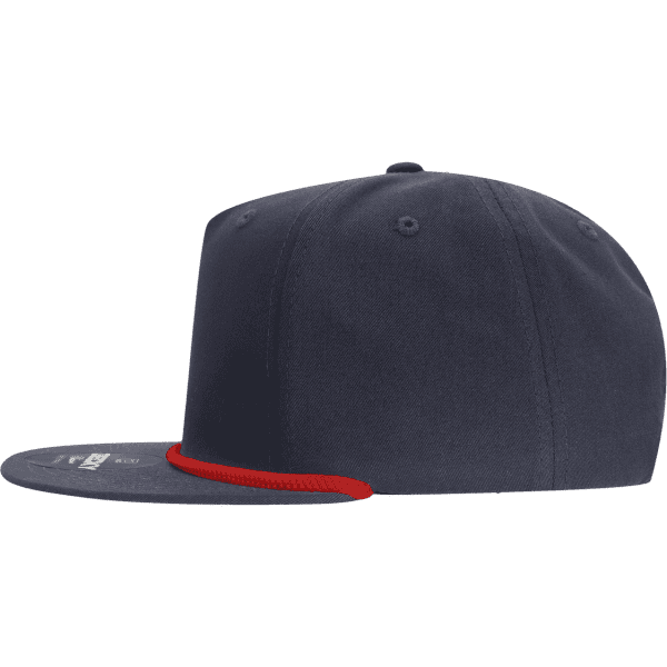 A navy blue 5 Panel High Profile Relaxed Rope Hat featuring a red rope detail and a logo.