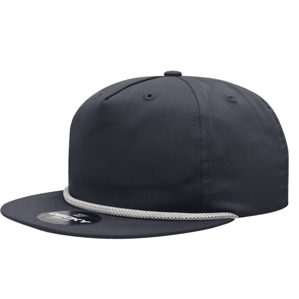 A high-profile, relaxed-fitting grey hat with a contrasting white rope detail and a branded emblem on the front.