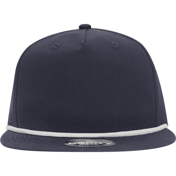 A navy blue, 5-panel high profile relaxed rope hat with a white rope detail and a logo on the front.