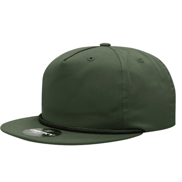 A green 5 panel high profile relaxed rope hat with a flat brim and a logo on the side.