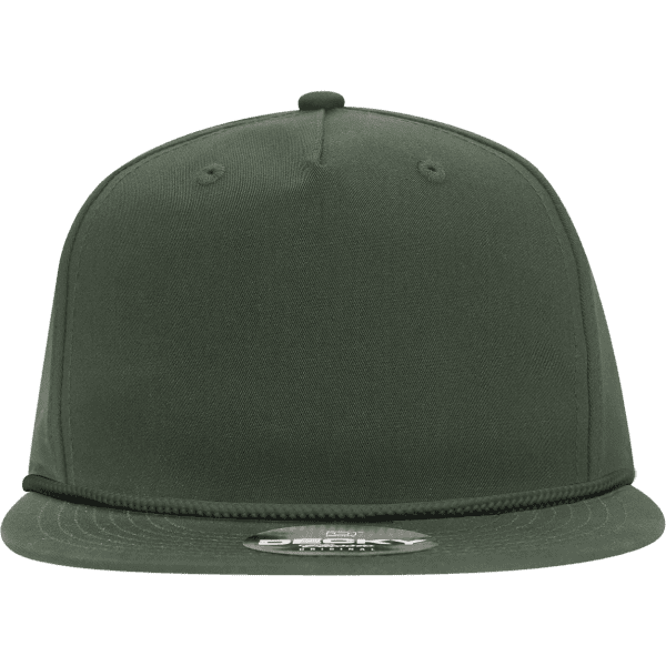 A high profile relaxed rope hat in olive green with a flat brim and a logo.
