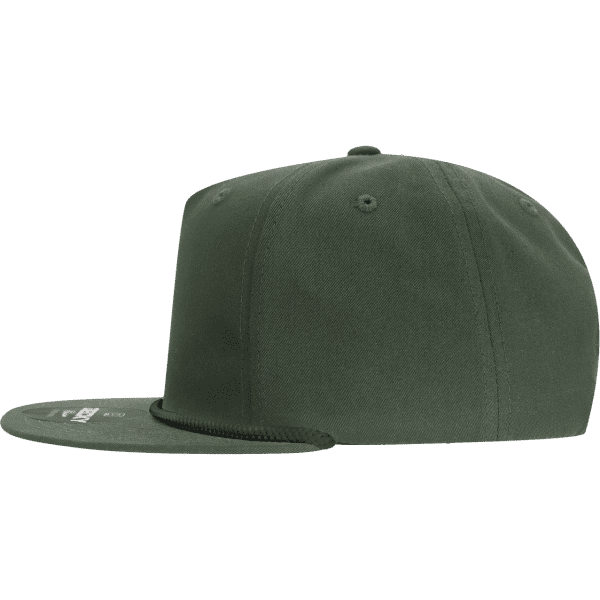 A green high profile relaxed rope hat featuring a flat brim and a branded logo on the side.