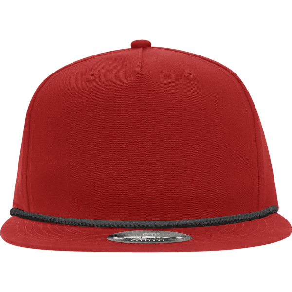 A red 5-panel high profile relaxed rope hat with a black rope detail and an emblem on the front.