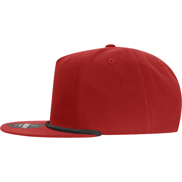 A red 5 panel high profile relaxed rope hat with a flat brim and black rope detail. It features a logo on the front.