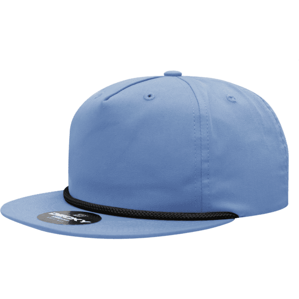 A light blue high-profile relaxed rope hat featuring a black rope detail and a logo on the front.