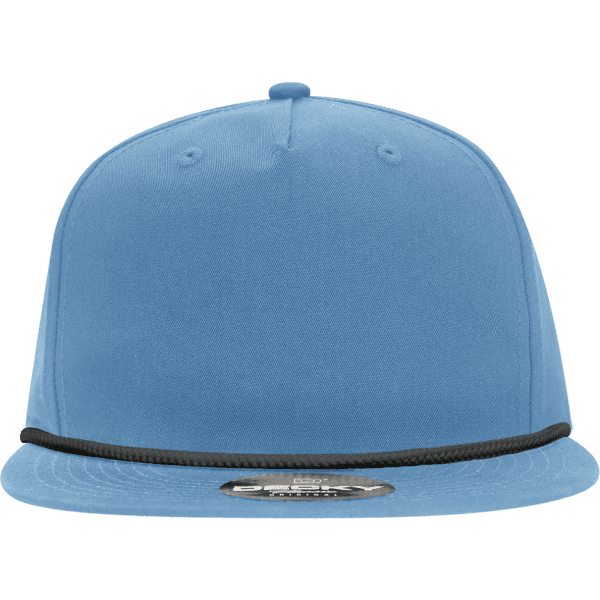 A blue 5-panel high profile relaxed rope hat featuring a black rope detail and a logo on the front.