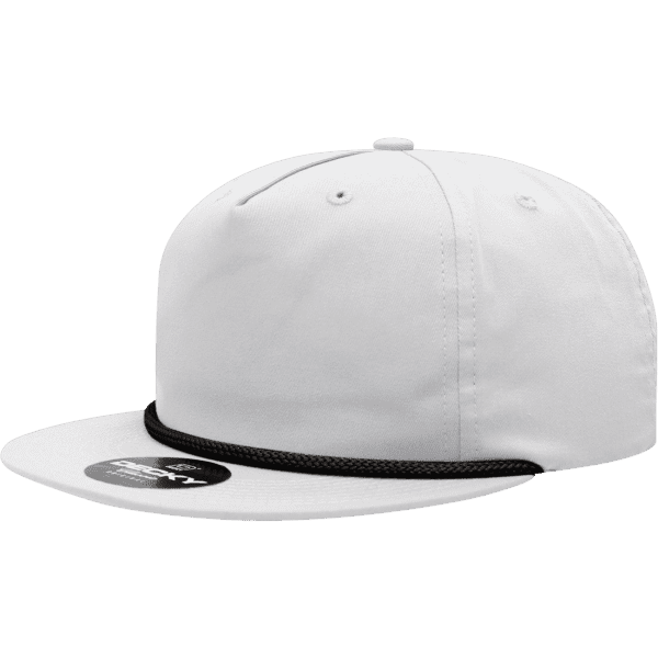 A white 5 Panel High Profile Relaxed Rope Hat featuring a black rope detail and a branded logo.