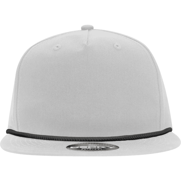 A white 5 panel high profile relaxed rope hat featuring a black rope and a logo on the front.