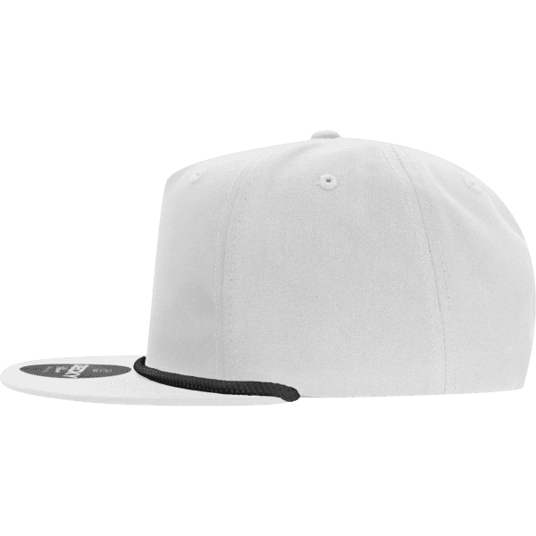 A white high-profile relaxed rope hat featuring a black rope accent along the brim and a logo on the front.
