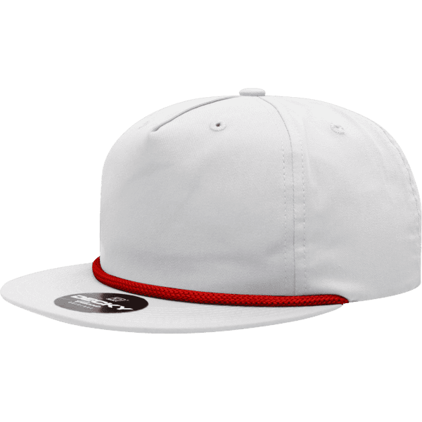 A white 5 panel high profile relaxed rope hat with a red rope accent. The hat features a logo on the side.