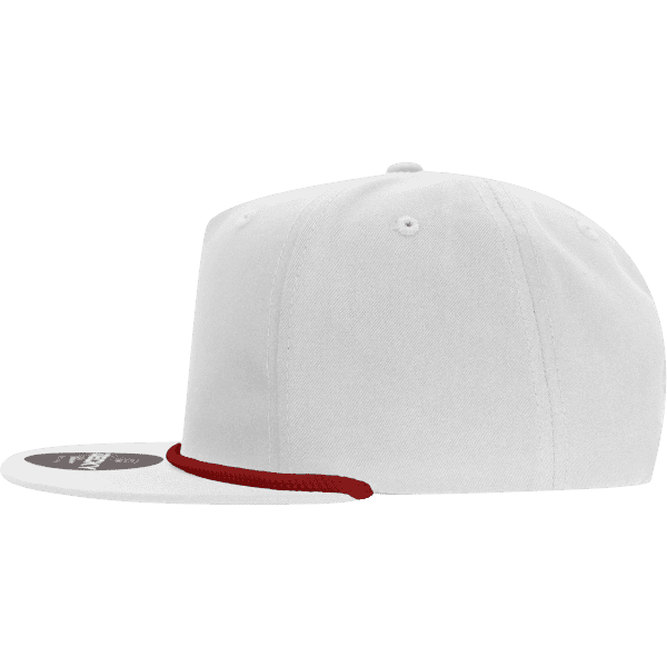 A white 5 panel high profile relaxed rope hat with a red rope detail along the brim and a logo on the side.
