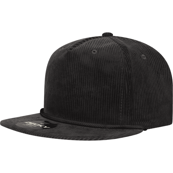 A black 5 Panel High Profile Relaxed Rope Hat with a textured corduroy design and logo branding.