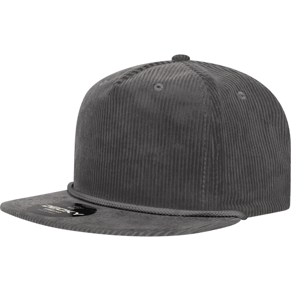 A grey 5-panel high profile relaxed rope hat with a flat brim and an embroidered logo.