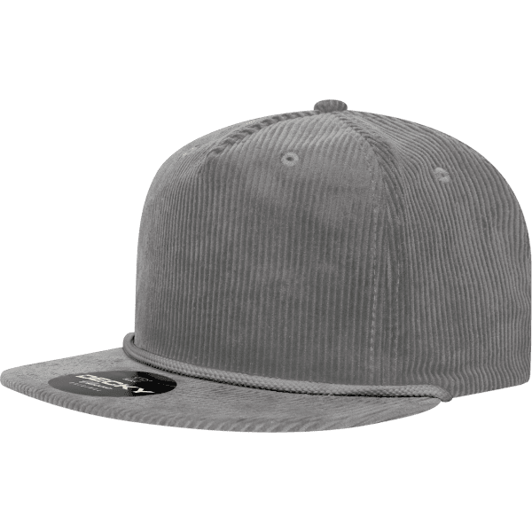 A grey 5 Panel High Profile Relaxed Rope Hat with a corduroy texture and a branded tag on the front.