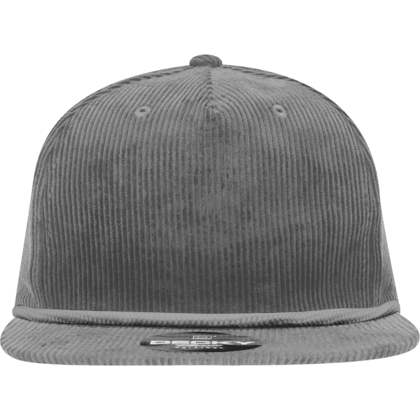 A grey 5-panel high profile relaxed rope hat with a textured corduroy design and a logo.