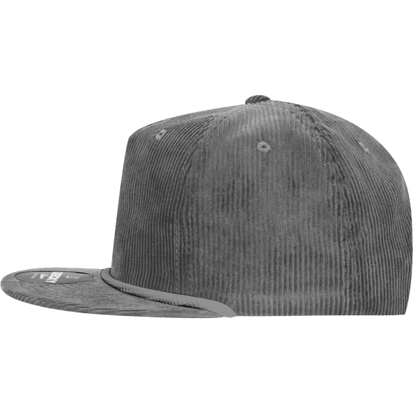 A grey corduroy 5 Panel High Profile Relaxed Rope Hat with a flat brim and logo detail.
