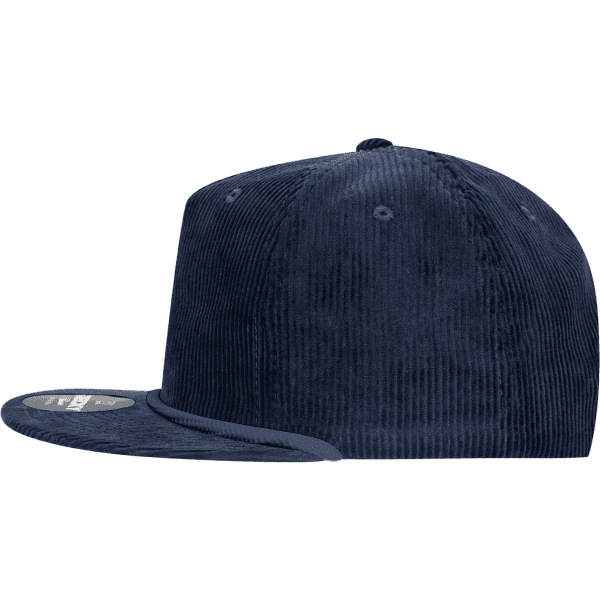 A blue, high-profile, relaxed rope hat with a textured cord fabric and a logo on the side.