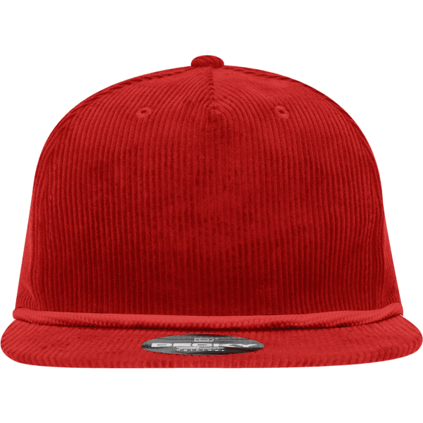 A red, corduroy, high-profile relaxed rope hat featuring a logo on the front.