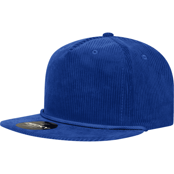 A blue corduroy 5 Panel High Profile Relaxed Rope Hat featuring a flat brim and an attached logo.