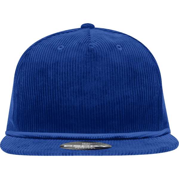 A blue 5 Panel High Profile Relaxed Rope Hat featuring a textured corduroy material and a logo.
