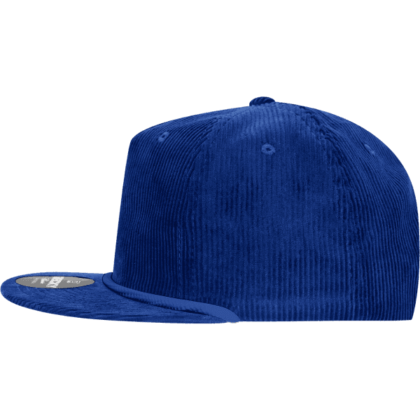A blue corduroy hat with a high profile and relaxed fit, featuring a loop on the top and a logo.