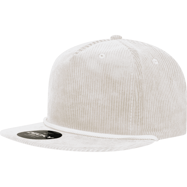 A high-profile relaxed rope hat in cream corduroy with a flat brim and branded logo.