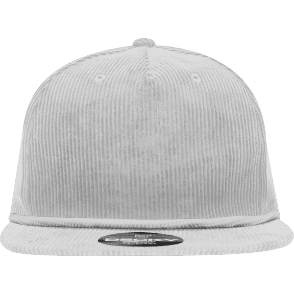 A white 5 panel high profile relaxed rope hat with a textured fabric and a logo on the front.