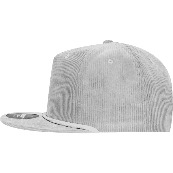A grey five-panel high-profile relaxed rope hat with a flat brim and a logo on the front.