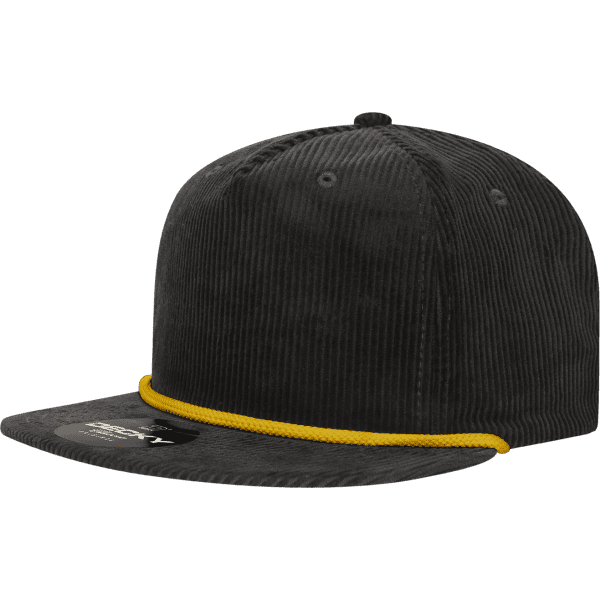A high-profile, relaxed black corduroy hat with a yellow rope detail and a logo on the front.