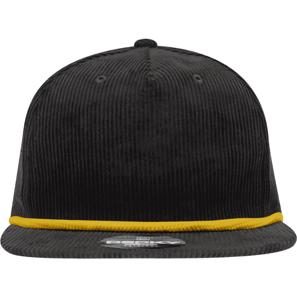 A black high-profile relaxed rope hat with a yellow accent around the brim. It features a logo on the front.