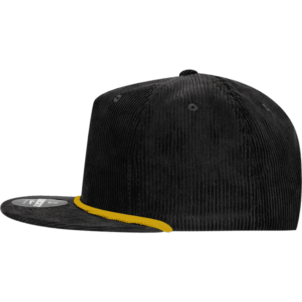 A high-profile black corduroy cap with a yellow accent along the brim and a logo on the front.