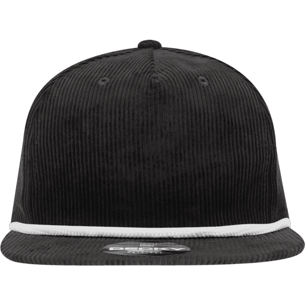 A black 5 panel high profile relaxed rope hat with a white trim and a logo on the front.