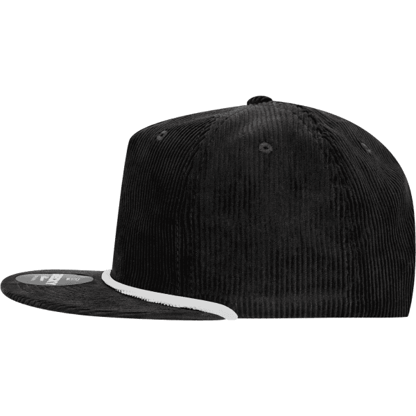 A black 5 Panel High Profile Relaxed Rope Hat with a textured corduroy finish and a white rope detail.