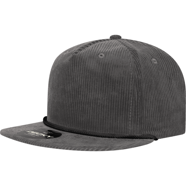 A grey corduroy five-panel high profile relaxed rope hat with a logo on the front.